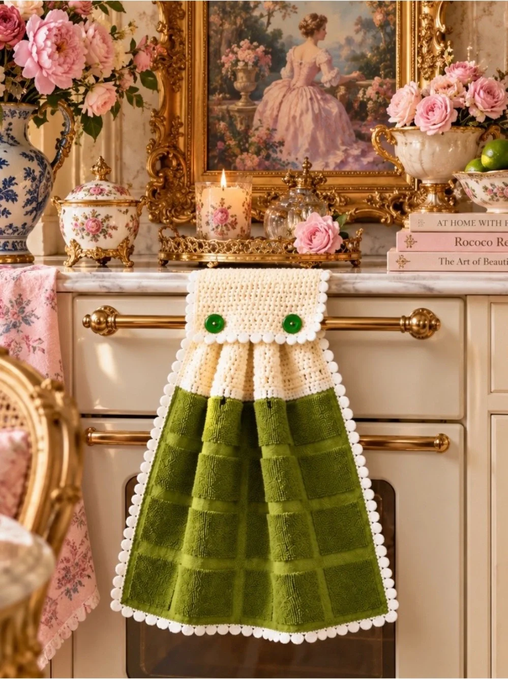 Handmade Chartreuse Olive Green Crochet Hanging Kitchen Towel